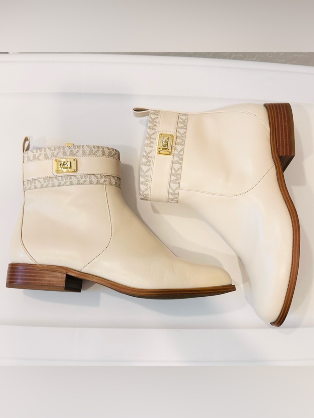 Michael Kors Padma Ankle Booties 9.5M Beige Logo-Trim Strap Women Leather Shoes - Picture 7 of 15